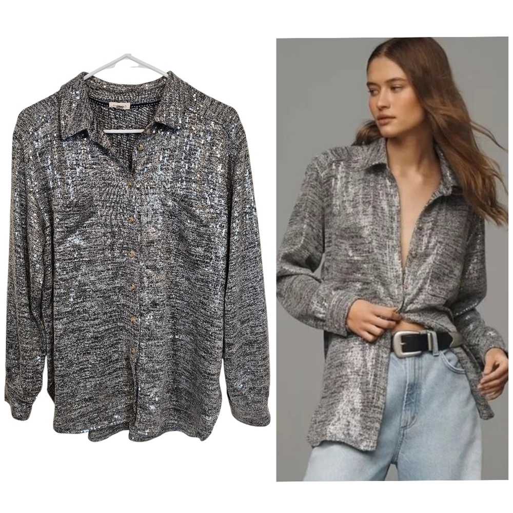 Pilcro Anthropologie Oversized The Hadley Relaxed Button Down Sequin Top